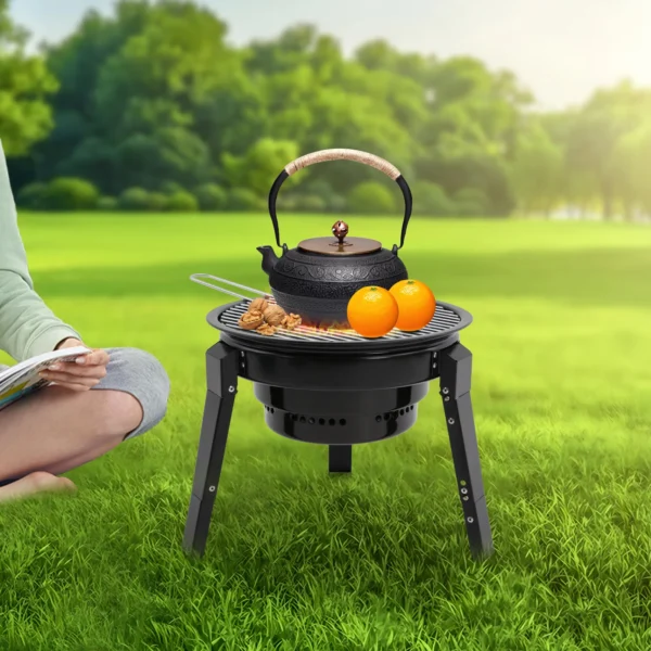 Tragbarer 3-Bein-Holzkohlegrill, 35,5 cm, zusammenklappbarer BBQ-Grill mit Grillnetz und Aschenbecher für Camping/Picknicks und Partys 4