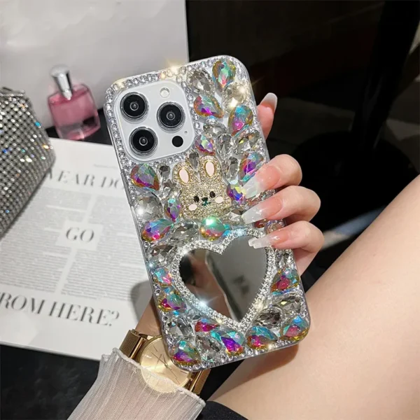 Bling Diamond Cute Rabbit Hülle für iPhone 11 12 13 14 15 Pro Max XR XS 7 Plus Glitzer Strass Spiegel Make-up Luxus TPU Cover 4