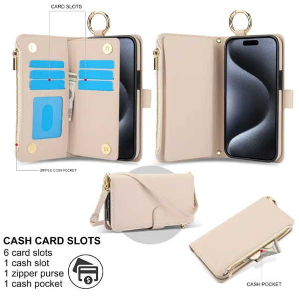 Multifunktions-Kartensteckplätze, Halter, Reißverschluss, Brieftasche, Flip-Telefonhülle für iPhone 15 14 13 12 11 Pro Max Plus XS XR X 15Pro, Riemenabdeckung 2