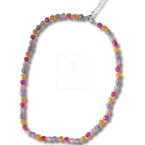 Farbenfrohe Halskette in Gelb, Rosa & Violett – handgemacht