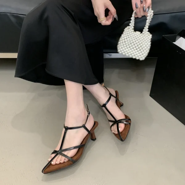 Spitze Zehen Offene spitze Wildleder Colorblocking Spaghetti Schnalle Sommer Mid Heel Sandalen Frauen Party Mode Schuhe 2