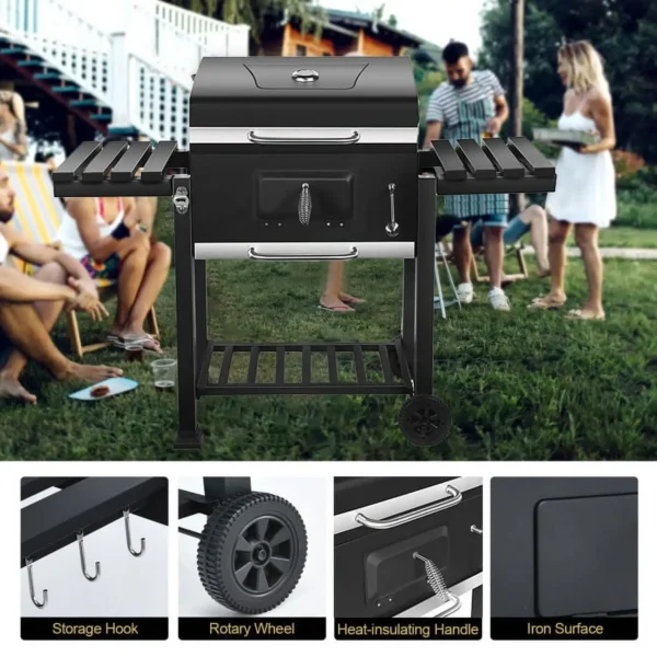 Großer, robuster Grill, geeignet für 10 Personen mit Rädern, 2 klappbare Beistelltische, Outdoor-Grill für Garten, Picknick, Camping 6