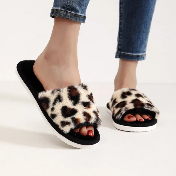 Herbst Winter Leopard Print Hausschuhe frauen Mode Plüsch Fell Rutschen Hause Flip-Flops Innen Warme EVA Anti Slip Wohnzimmer schuh 2
