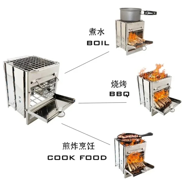 Tragbarer Mini-Grill aus Edelstahl – faltbarer Holzkohle- und Holzofen für Camping, Kochen und Heizen im Freien, kompaktes Design 6