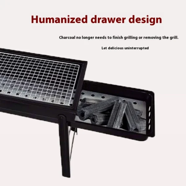 Tragbarer, zusammenklappbarer BBQ-Grill, geeignet mit Schubladen für Holzkohle, gegrilltes Fleisch, Outdoor-Koch, Grillzubehör, Kochgeschirr, Grillwerkzeug 3