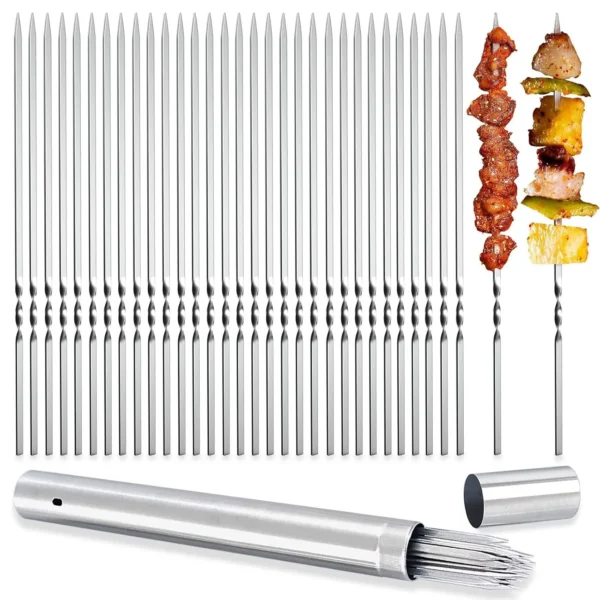 Metallspieße zum Grillen von Kabobs, 40-teilige 13,5-Zoll-Kabob-Spieße, flacher Grillspieß, wiederverwendbares Set mit tragbarem Aufbewahrungsrohr
