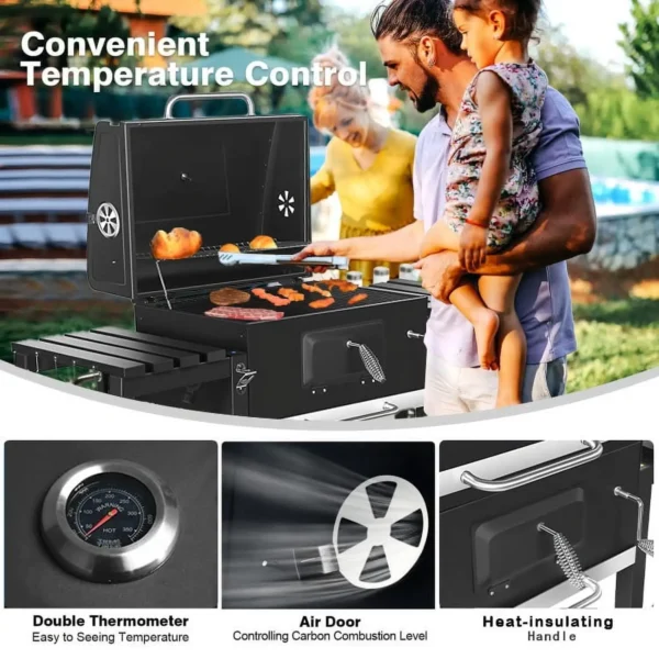 Großer, robuster Grill, geeignet für 10 Personen mit Rädern, 2 klappbare Beistelltische, Outdoor-Grill für Garten, Picknick, Camping 4