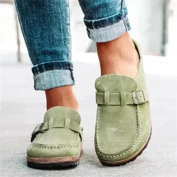 2025 neue frauen Schuhe Slip auf Weibliche Wohnungen Langlebig Gürtel Schnallen Maultiere Mode Tragen Beständig Frauen Halbe Hausschuhe Retro zapatos 2