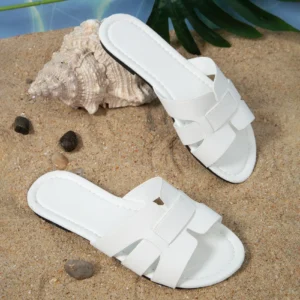 Weiße flache Hausschuhe für Damen, Sandalen mit offenem Absatz, Strandschuhe, lässige Damenschuhe, geeignet für drinnen und draußen