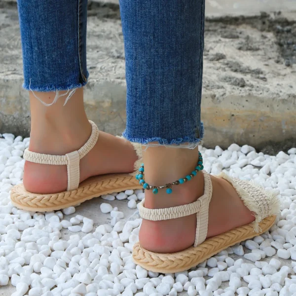 Damenmode-Trend-Schnürsenkel mit Quasten sind rutschfeste, verschleißfeste, bequeme Sandalen mit weicher Sohle und flachem Absatz 6