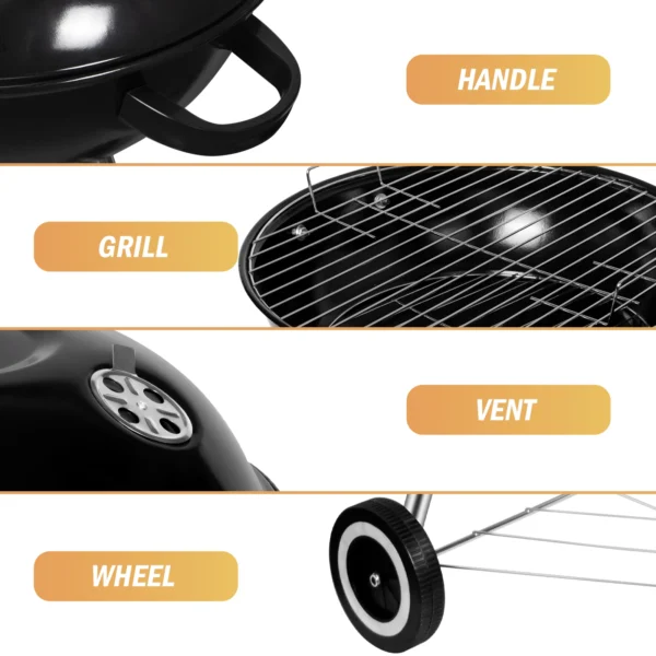 Holzkohlegrill, Kugelgrill mit Deckel, Rundgrill mit Rädern und Griff, BBQ Grills Campinggrill, Schwarz 4