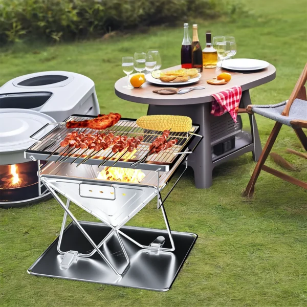 Zusammenklappbarer Feuergrill aus Edelstahl mit Holzverbrennung, Lagerfeuergrill mit Tragetasche für Camping im Hinterhof, im Freien 3