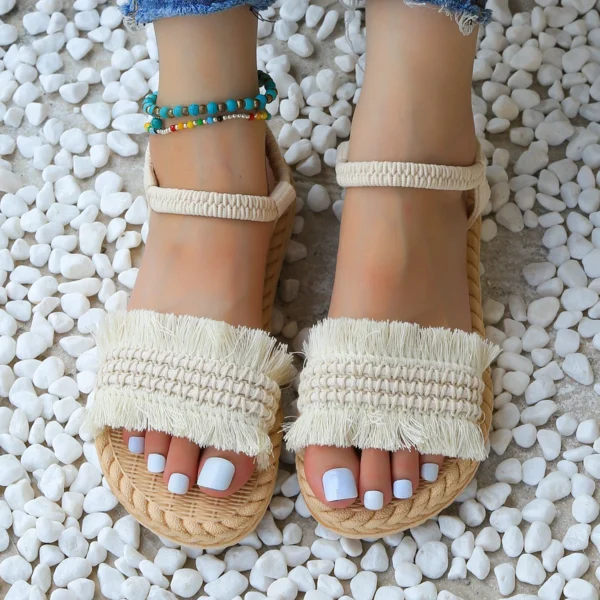 Damenmode-Trend-Schnürsenkel mit Quasten sind rutschfeste, verschleißfeste, bequeme Sandalen mit weicher Sohle und flachem Absatz 5