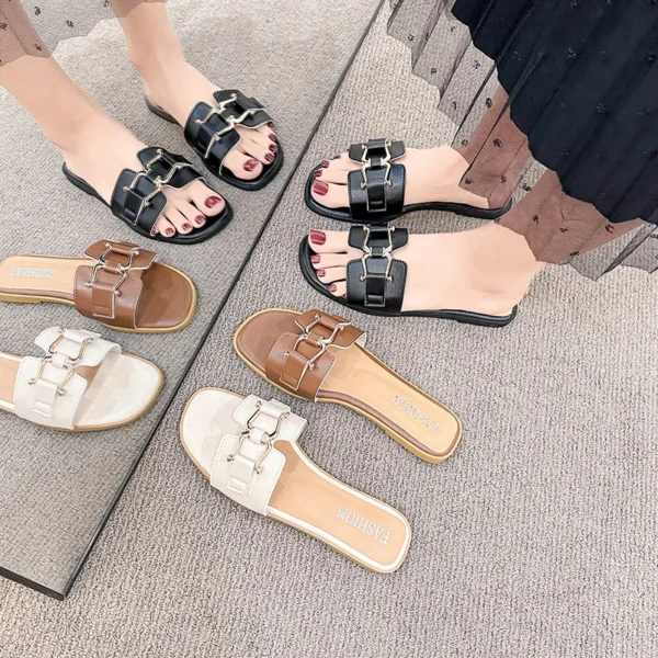 2024Europäischen und Amerikanischen Stil Sommer Fashion Out Flip-flops Flache Freizeit Pferd mit Schnalle Temperament Eine Linie Hausschuhe Frau 4