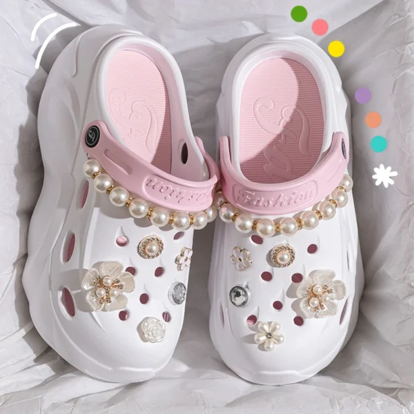 Perlenkette, klobige Plateau-Sandalen für Damen, 2024, Sommer, dicke Sohle, Strandsandalen, Damen, Blumen, rutschfeste EVA-Clogs, Gartenschuhe 4