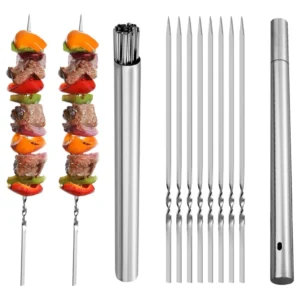 40 Stück Metallspieße aus Edelstahl 304, 13,5 Zoll flache Grill-Kebab-Sticks, robuste Kebabs mit Metall-Aufbewahrungsrohr zum Grillen