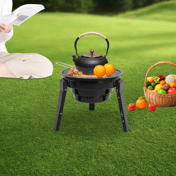 Tragbarer, zusammenklappbarer dreibeiniger Holzkohlegrill mit Grillnetz, Holzkohlenetz, Bratpfanne, Aufbewahrungstasche für Outdoor-Camping, Grillen 3