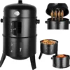 3-in-1-BBQ-Holzkohlegrill, Grill, Räucherfass, Räuchergrill mit Thermometer – 3-in-1-Räucherfass für Kochen im Freien