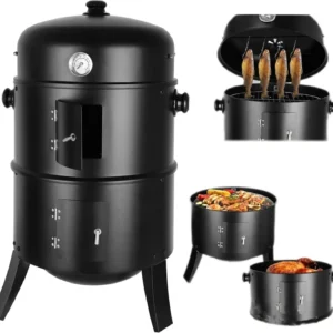 3-in-1-BBQ-Holzkohlegrill, Grill, Räucherfass, Räuchergrill mit Thermometer – 3-in-1-Räucherfass für Kochen im Freien