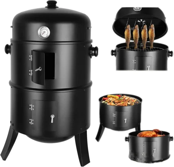 3-in-1-BBQ-Holzkohlegrill, Grill, Räucherfass, Räuchergrill mit Thermometer – 3-in-1-Räucherfass für Kochen im Freien