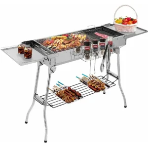 Holzkohlegrill aus Edelstahl, tragbarer Campinggrill mit doppelten klappbaren Flügeln, antihaftbeschichtete Pfanne, verstellbare Belüftung