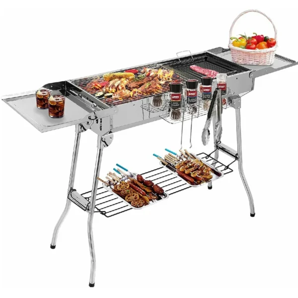 Holzkohlegrill aus Edelstahl, tragbarer Campinggrill mit doppelten klappbaren Flügeln, antihaftbeschichtete Pfanne, verstellbare Belüftung