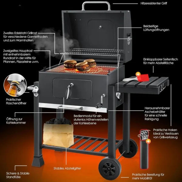 Grillwagen, Holzkohlegrill mit Deckel, Rollen, Edelstahlgriff, Grillrost und Thermometer, Holzkohlegrillwagen 3