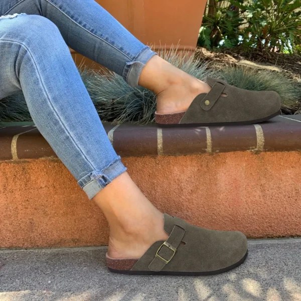 Evshine Damen Wildleder Clogs Leder Pantoletten Kartoffelschuhe mit Fußgewölbeunterstützung Korkfußbett Sandalen Mode Herren Hausschuhe Kork Pantoletten 5
