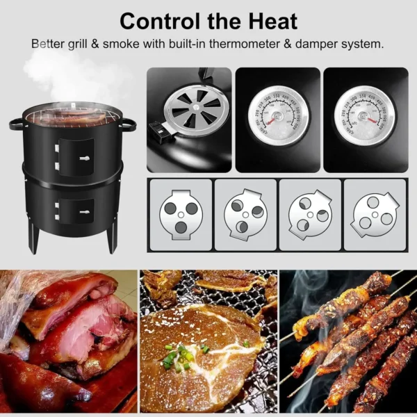 3-in-1 BBQ Smoker Grill mit Kamin Multifunktions-abnehmbarer Outdoor-Kochofen mit Thermometer Camping Outdoor Party Grill 3