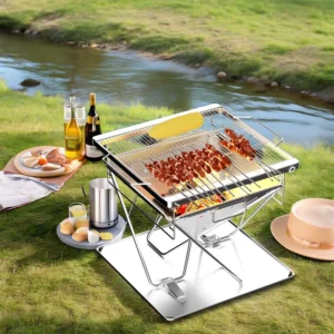 Zusammenklappbarer Feuergrill aus Edelstahl mit Holzverbrennung, Lagerfeuergrill mit Tragetasche für Camping im Hinterhof, im Freien