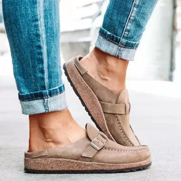 2025 neue frauen Schuhe Slip auf Weibliche Wohnungen Langlebig Gürtel Schnallen Maultiere Mode Tragen Beständig Frauen Halbe Hausschuhe Retro zapatos 6