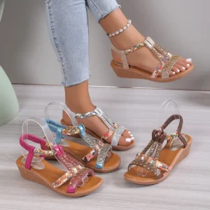 Frauen Keilsandalen Sommer Böhmen Strass Lässige Plateausandalen Weibliche Peep Toe Outdoor Strandschuhe natura naga Turismo Turismo