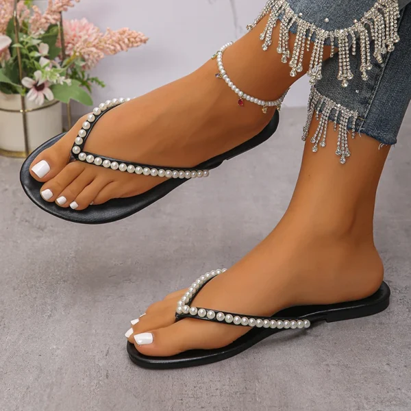 Mode Perlen Strand Flip-Flops für Frauen 2025, Sommer Clip Toe Flache Rutschen Sandalen Frau Bequeme rutschfeste Outdoor-Hausschuhe 3