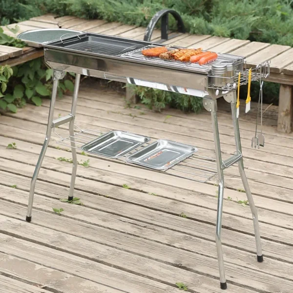 Holzkohlegrill aus Edelstahl für den Außenbereich, großes Grillwerkzeug, tragbar, mit kostenloser Installation, Griff, zusammenklappbar, zum Kochen 3
