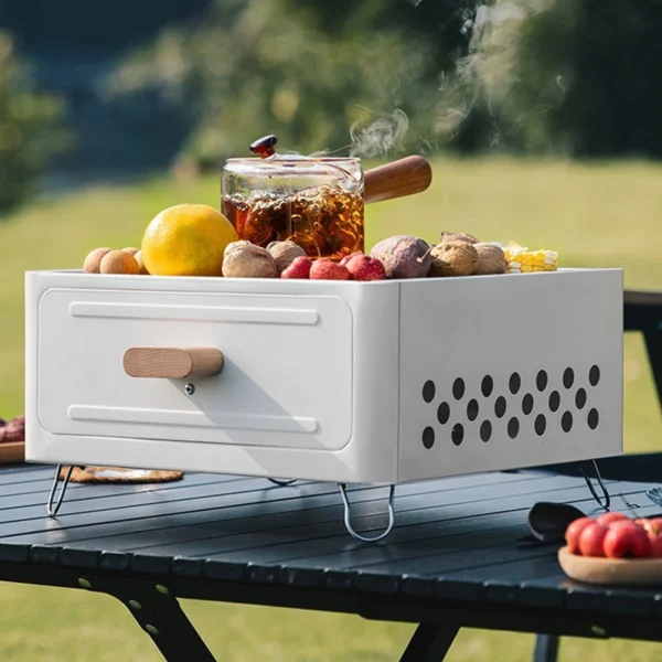 Barbecue Grill Tischplatte Holzkohleofen Quadratischer Campinggrill Holzkohlegrillofen zum Kochen im Freien Camping Picknicks Strand 3