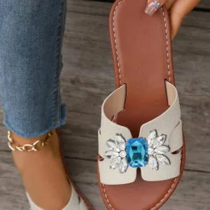 Frauen Luxus Strass Dekor Rutsche Sandalen Bling Outdoor Casual Flache Beige Mode Sexy Elegante Sommer Hausschuhe 2025, Neue Braun
