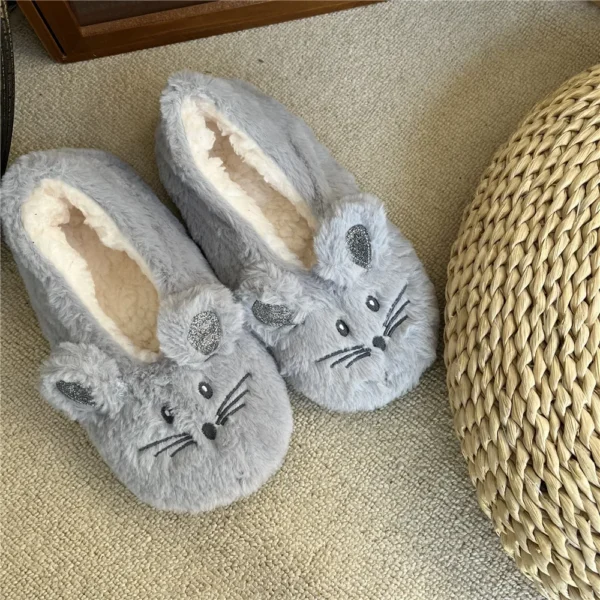Hause Fuzzy Slipper Frauen Winter Pelz Baumwolle Warme Plüsch Nicht Slip Grip Innen Flauschigen Faul Weibliche Maus Ohren Boden Schuh Wohnzimmer 4