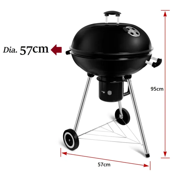 Holzkohle-Kugelgrill mit Deckel, Rundgrill Durchmesser 57 cm, Holzkohlegrillwagen mit Rädern, BBQ Grill schwarze Emaille 6