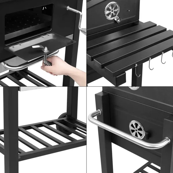 Grillwagen, Holzkohlegrill XXL, 116x55,7x100 cm, BBQ Grill mit Öffner, Ausziehbarem Aschenbecher, Ablagen mit Haken&verstellbarem Kohleblech, 3 Grillrost,2 Räder für einfache Mobilität 6
