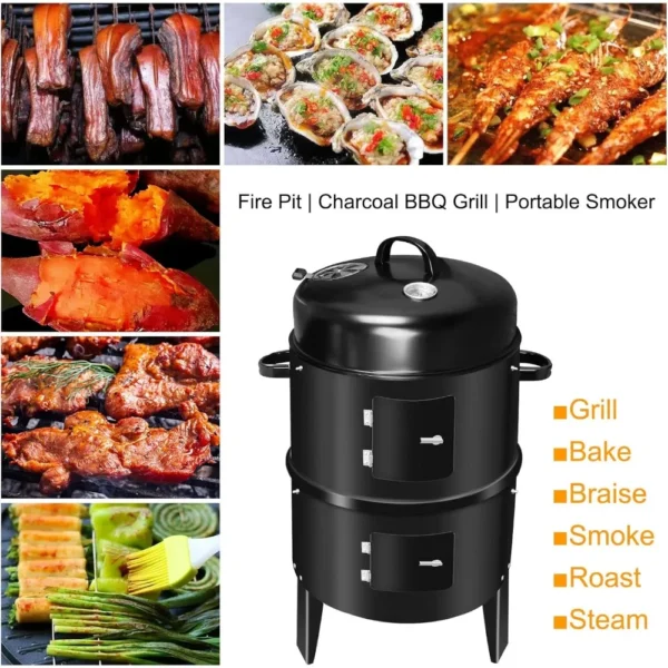 3-in-1 BBQ Smoker Grill mit Kamin Multifunktions-abnehmbarer Outdoor-Kochofen mit Thermometer Camping Outdoor Party Grill 4