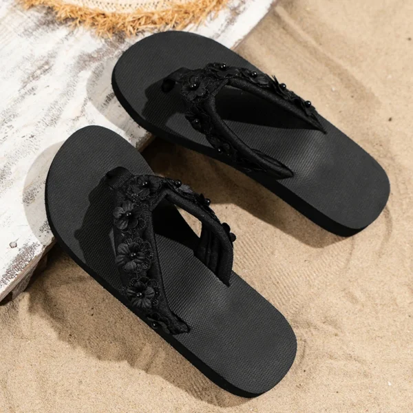 Frauen Blumen Dekor Modische Flip-Flops Casual Clip Toe Flache Sandalen Frau Komfort Rutschfeste Outdoor Strand Hausschuhe Plus Größe 5