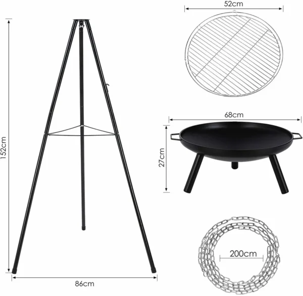 Outdoor BBQ Feuerstelle Schüssel Stativ Hängen Topf Ständer Set Grill Einstellbare Camping Heizung Brenner Leicht Tragen, Hohe 152 cm 3