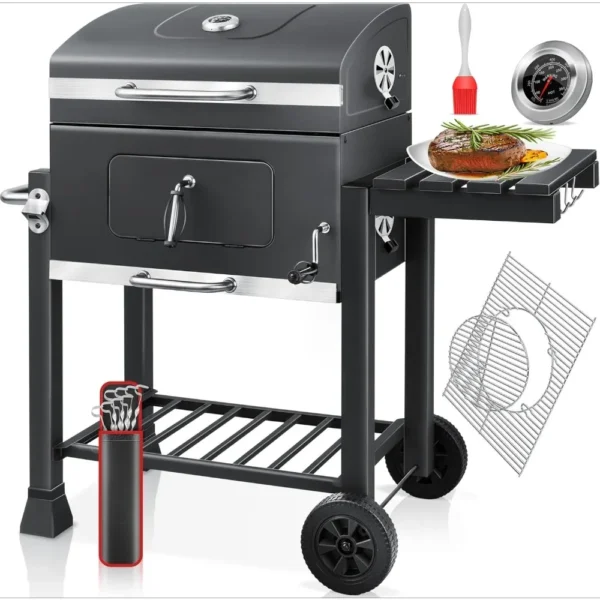 Grillwagen, Holzkohlegrill mit Deckel, Rollen, Edelstahlgriff, Grillrost und Thermometer, Holzkohlegrillwagen