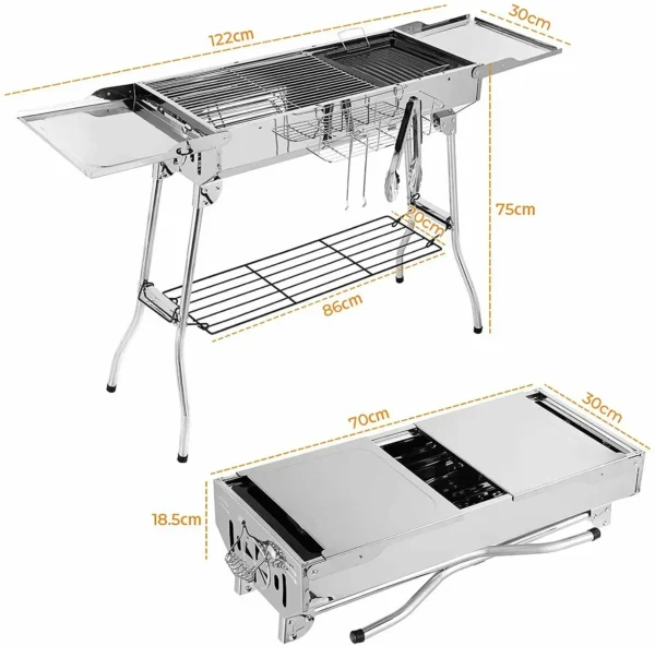 Holzkohlegrill aus Edelstahl, tragbarer Campinggrill mit doppelten klappbaren Flügeln, antihaftbeschichtete Pfanne, verstellbare Belüftung 4