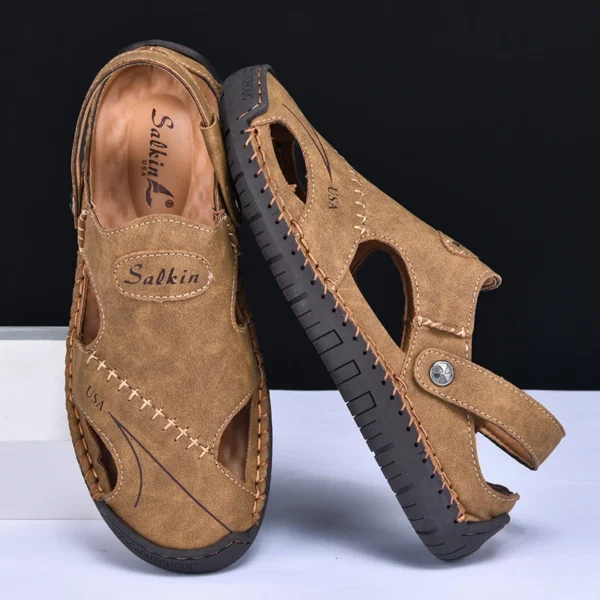 Neue Handgemachte Sommer Sandalen Männer Atmungsaktive Leder Schuhe Mann Im Freien Männer Sandalen Gleitschutz Strand Sandalen Hohl Schuhe Mode 3
