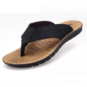 Sommerschuhe Herren Hausschuhe Flip Flops Echtes Leder rutschfeste flache Herren Sandalen Urlaubsschuhe Schwarz Khaki