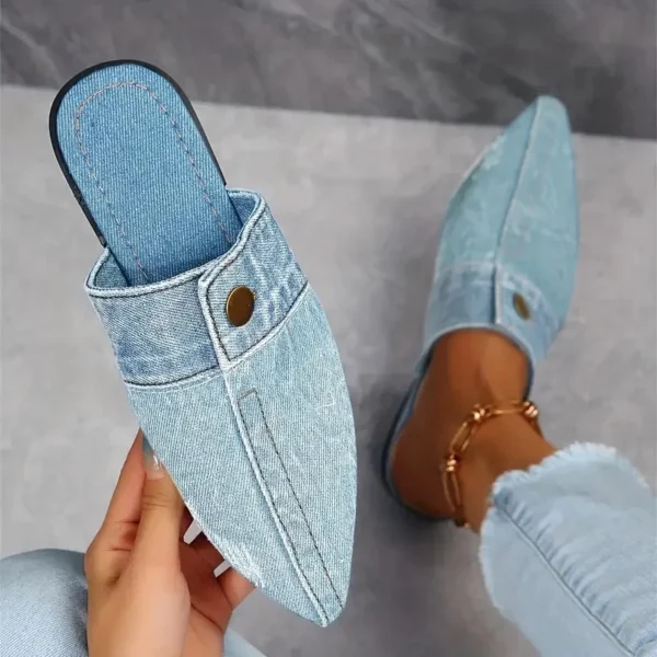 Frauen Hausschuhe Bequeme Vielseitige Hausschuhe Frauen Denim Runde Kappe Flache 2025, Neue Strand Sandalen Rutschen Frauen Zapatos De Mujer