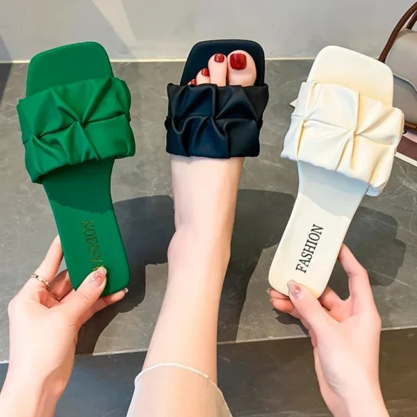 Sommer Hausschuhe Für Frauen Flip-Flops Wohnungen 2024 Neue Plissee Koreanische Hausschuhe Frauen Sandalen Grün Slip Auf Schuhe Große Größe 35-42 5