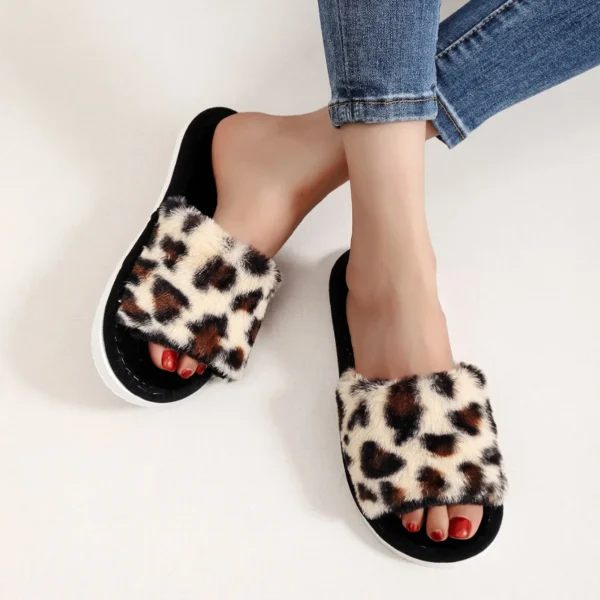 Herbst Winter Leopard Print Hausschuhe frauen Mode Plüsch Fell Rutschen Hause Flip-Flops Innen Warme EVA Anti Slip Wohnzimmer schuh 4