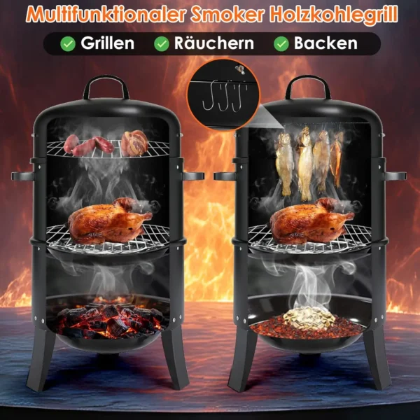Holzkohlegrill, Räuchergrill, 3-in-1 tragbarer vertikaler Grillkocher mit integrierten Thermometern und einstellbaren Entlüftungssystemen für den Außenbereich 3